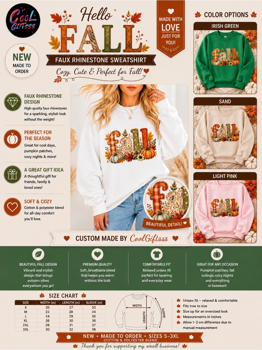 Fall Faux embroidery Sweatshirt -New S M L XL Made to order cozy trending